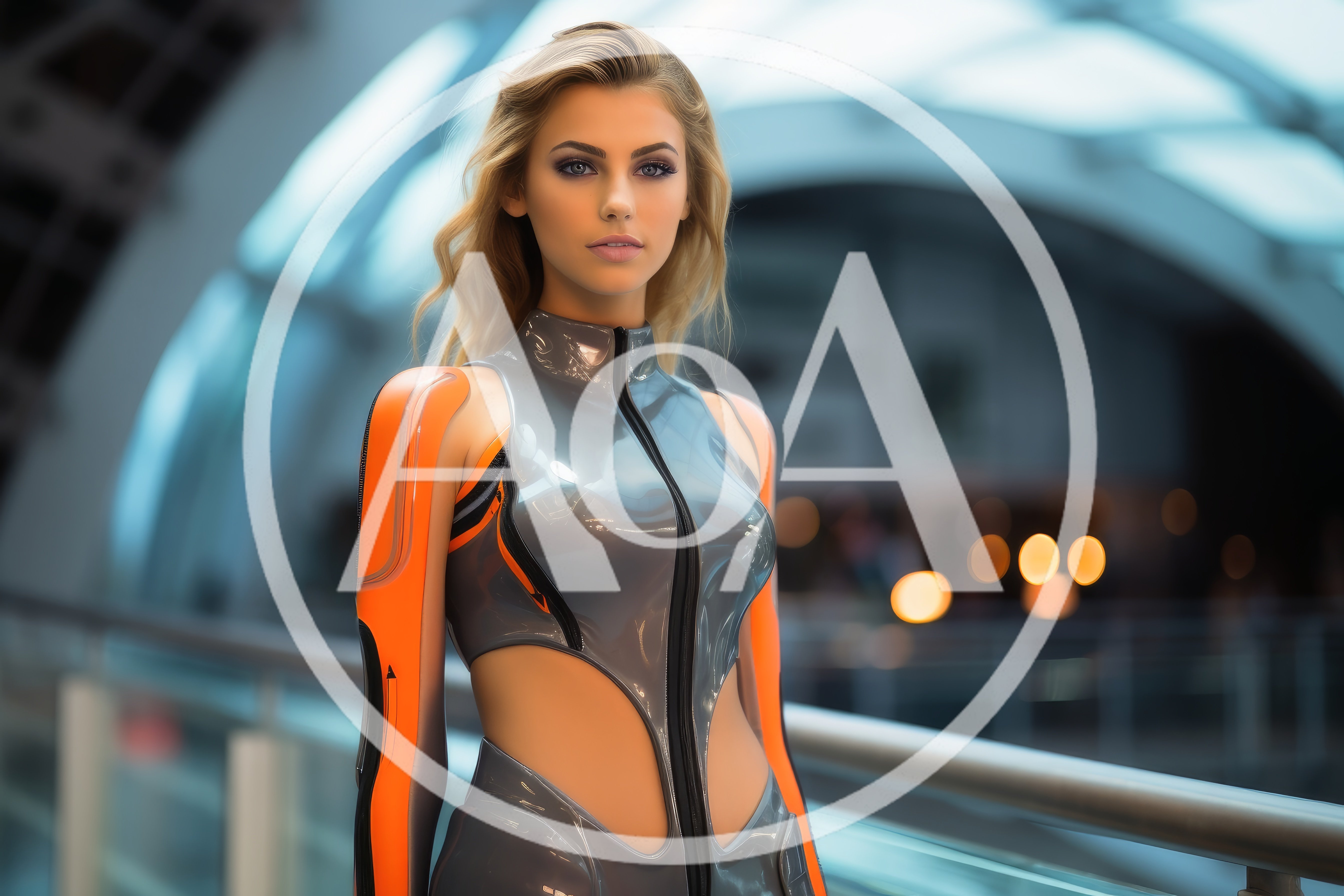 Futuristic Woman In Cybernetic Suit Standing In Modern Terminal