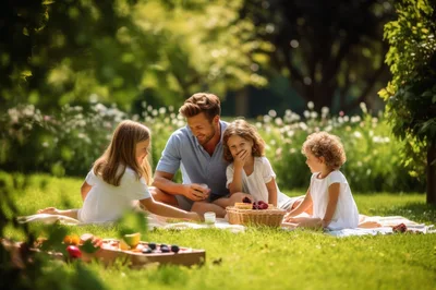 Father Having A Picnic With Three Daughters In Park