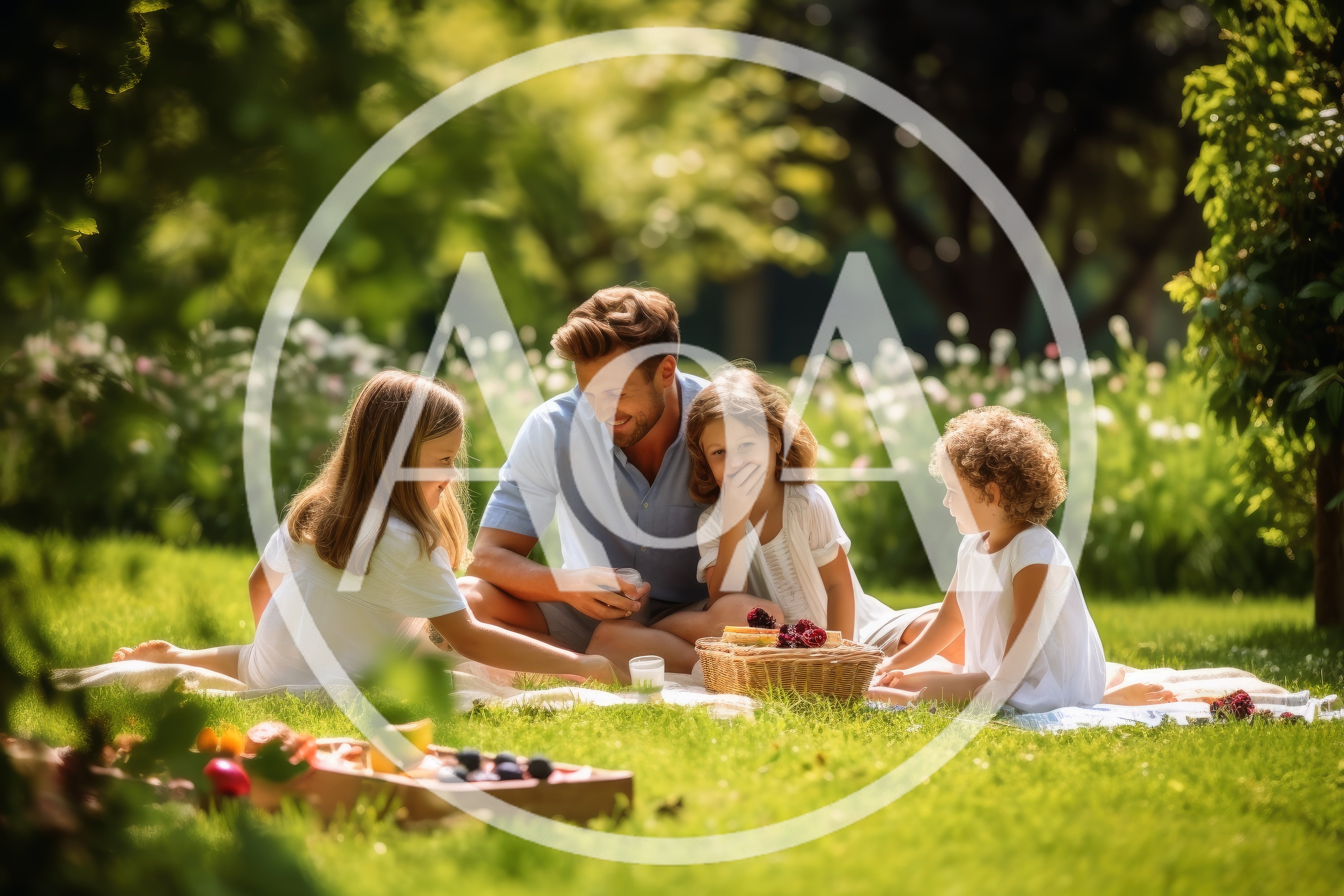 Father Having A Picnic With Three Daughters In Park