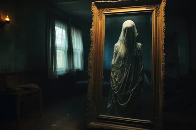 Ghostly Figure Standing Inside An Ornate Antique Mirror