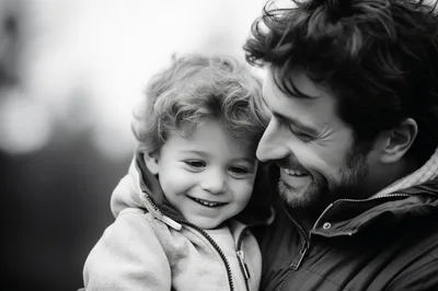 Father Holding His Smiling Young Son Outdoors