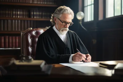 Elderly Judge Writing Legal Documents In A Library