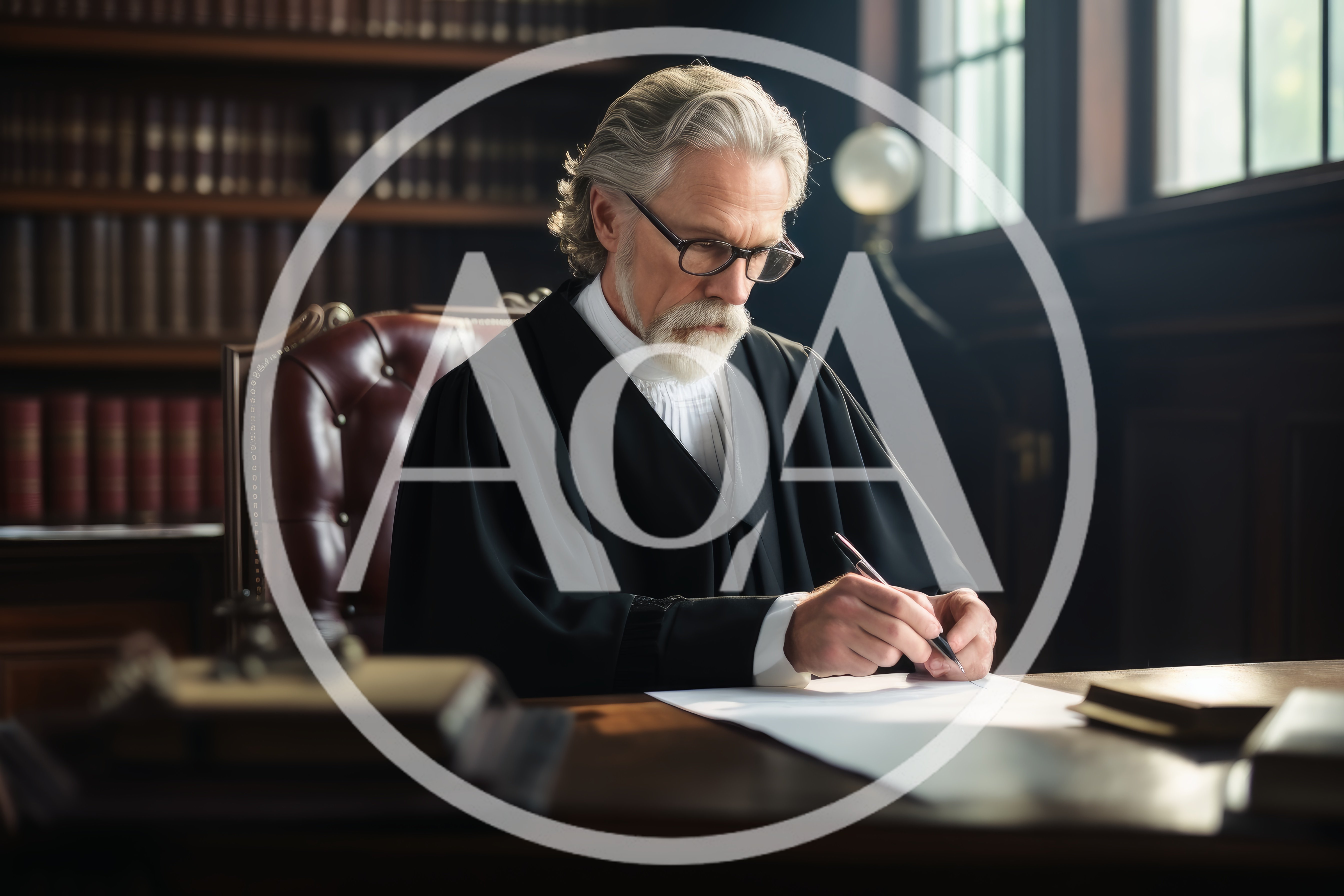 Elderly Judge Writing Legal Documents In A Library