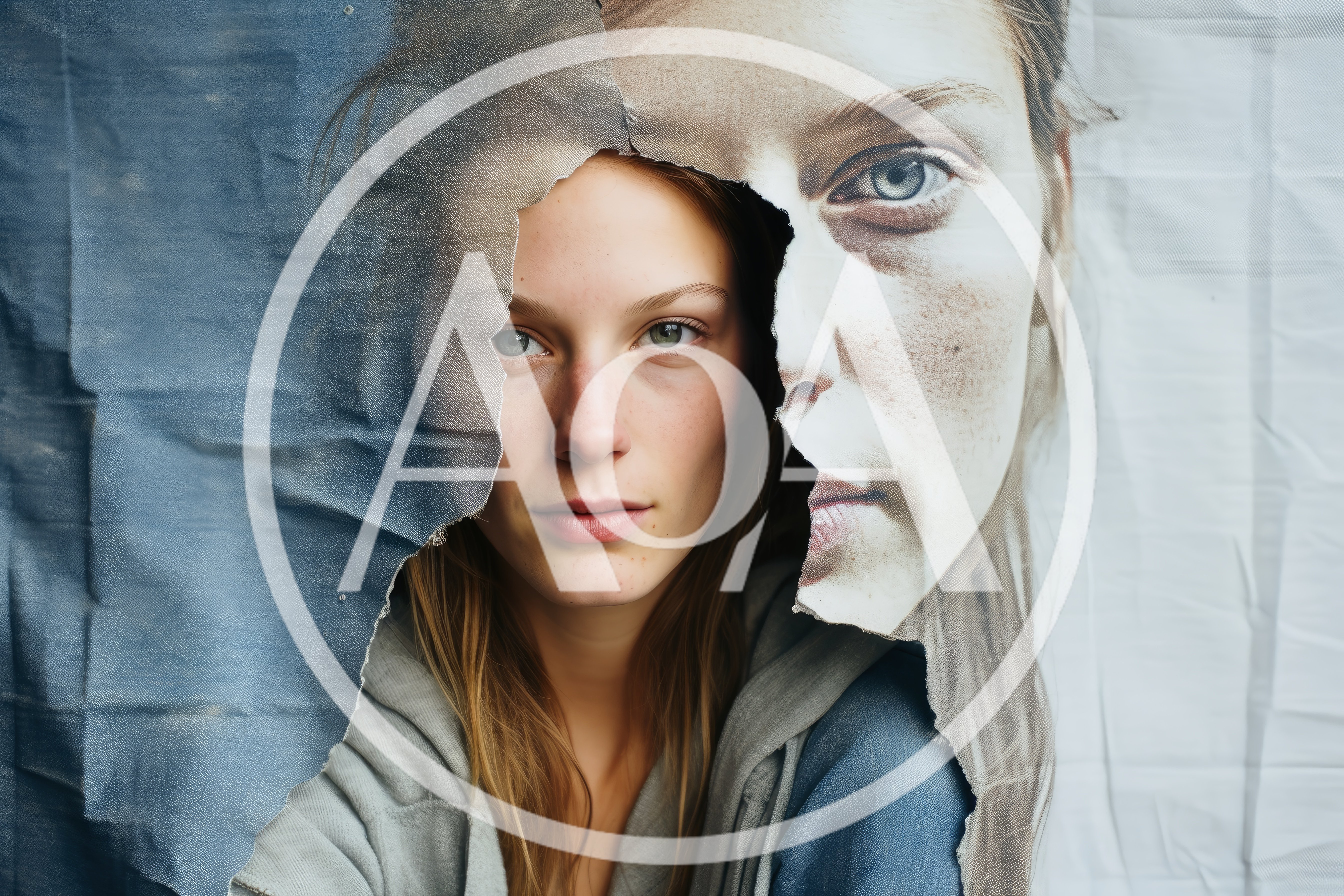 Young Woman Peering Through Torn Paper Poster