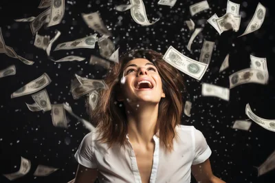 Excited Woman Celebrating Under Falling US Dollar Bills