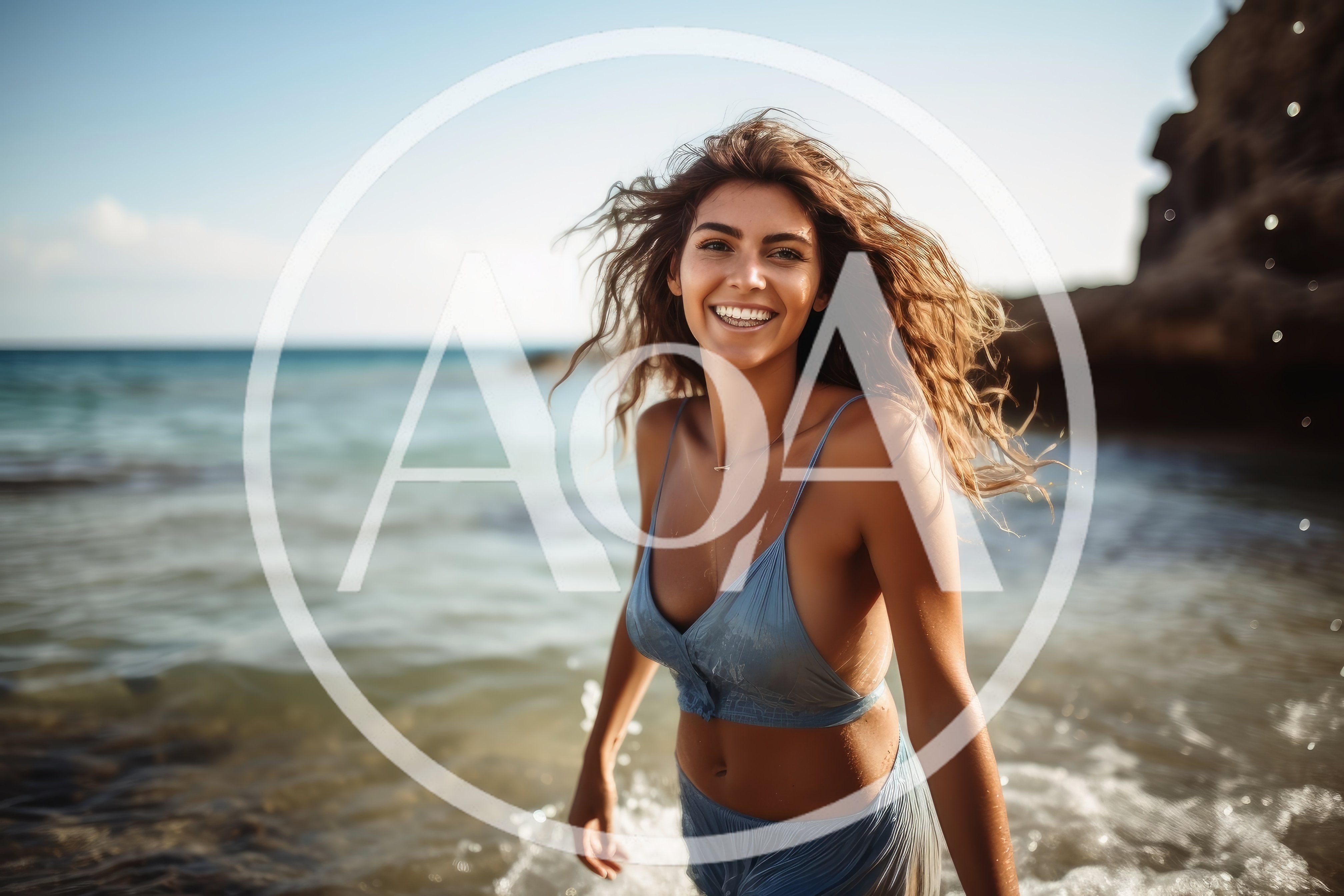 Smiling Woman Walking Through Shallow Ocean Waves