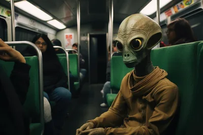 Alien Passenger Sitting On A Public Subway Train