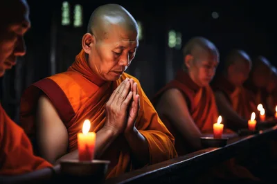 Buddhist Monks Praying With Lit Candles In Temple