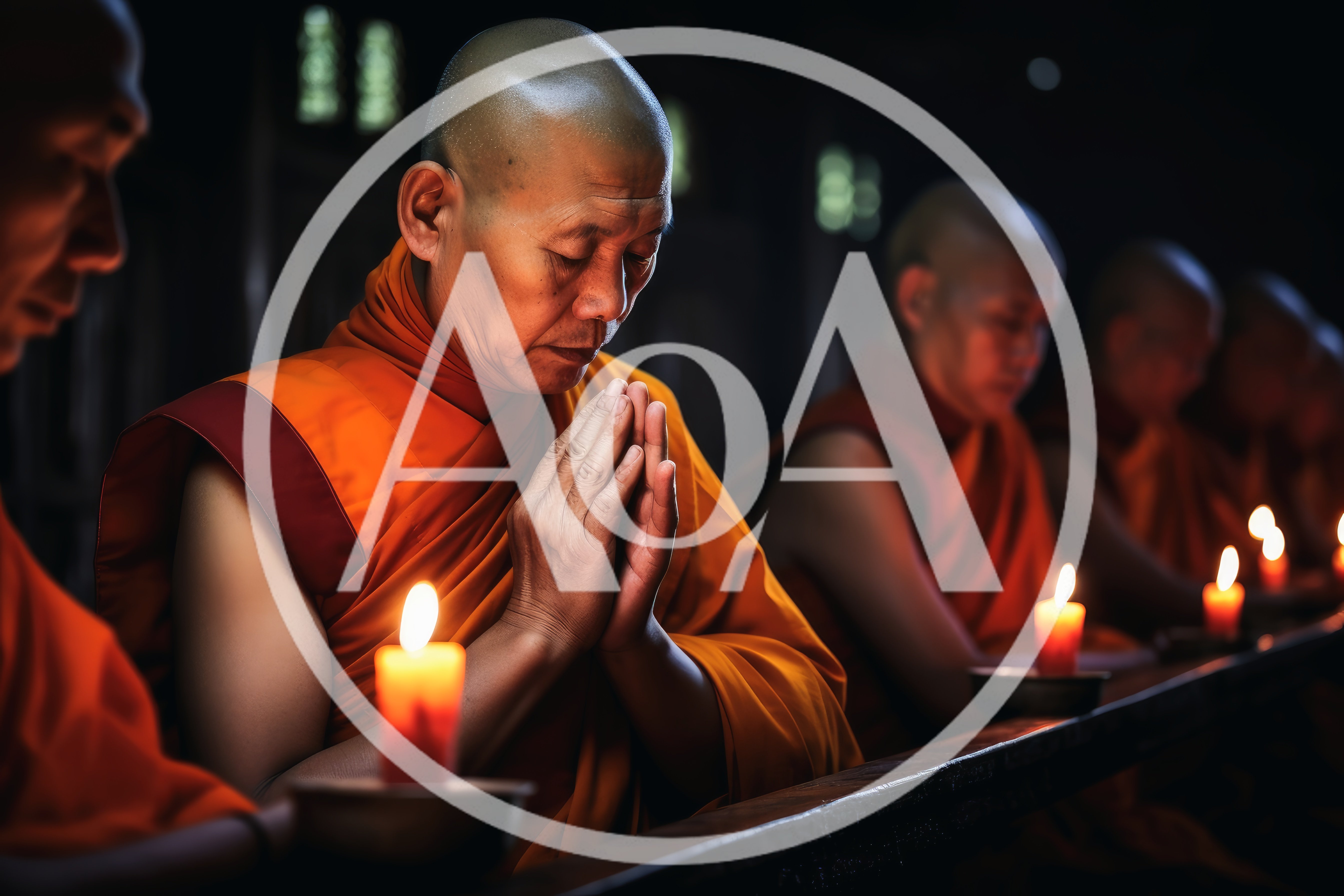 Buddhist Monks Praying With Lit Candles In Temple