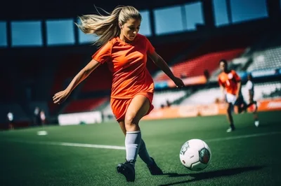 Female Soccer Player Dribbling Ball On Stadium Field