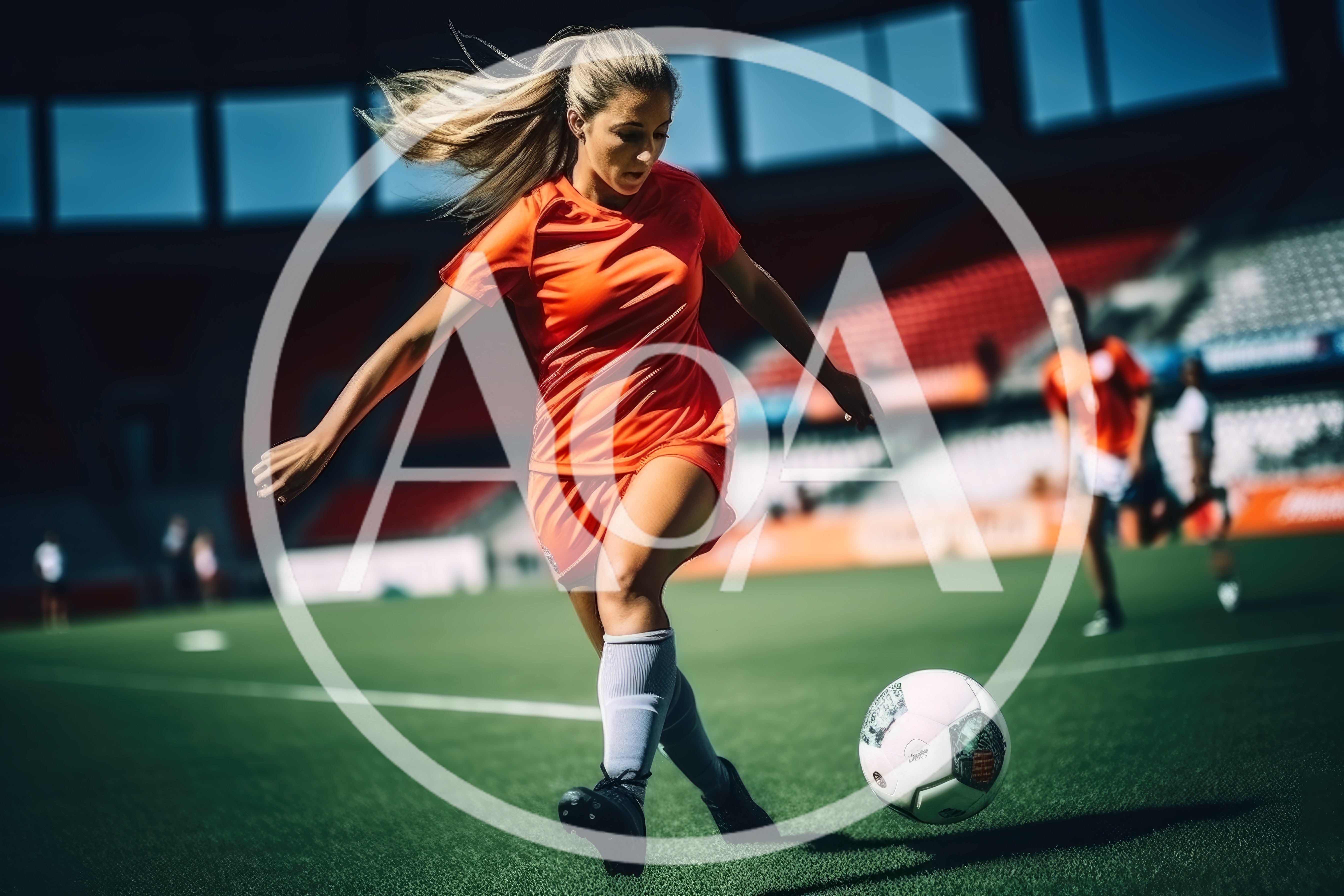 Female Soccer Player Dribbling Ball On Stadium Field