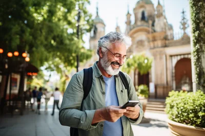 Mature Man Using Smartphone Outdoors Near Historic Building