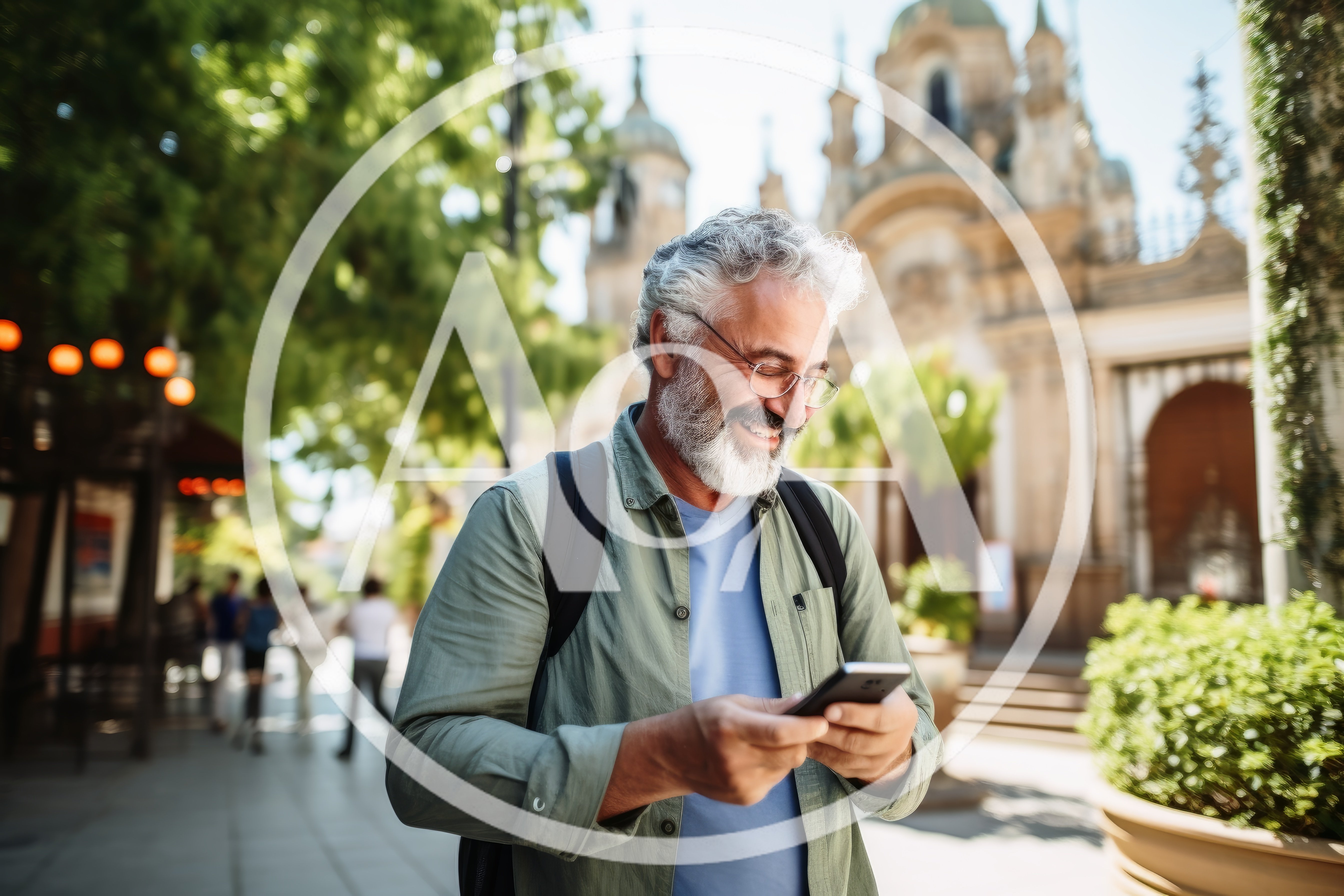 Mature Man Using Smartphone Outdoors Near Historic Building