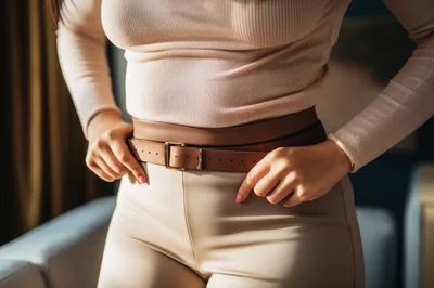Woman Adjusting Her Brown Leather Belt
