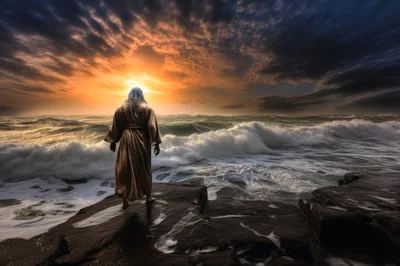Jesus Standing On Rocky Shore Facing Stormy Ocean
