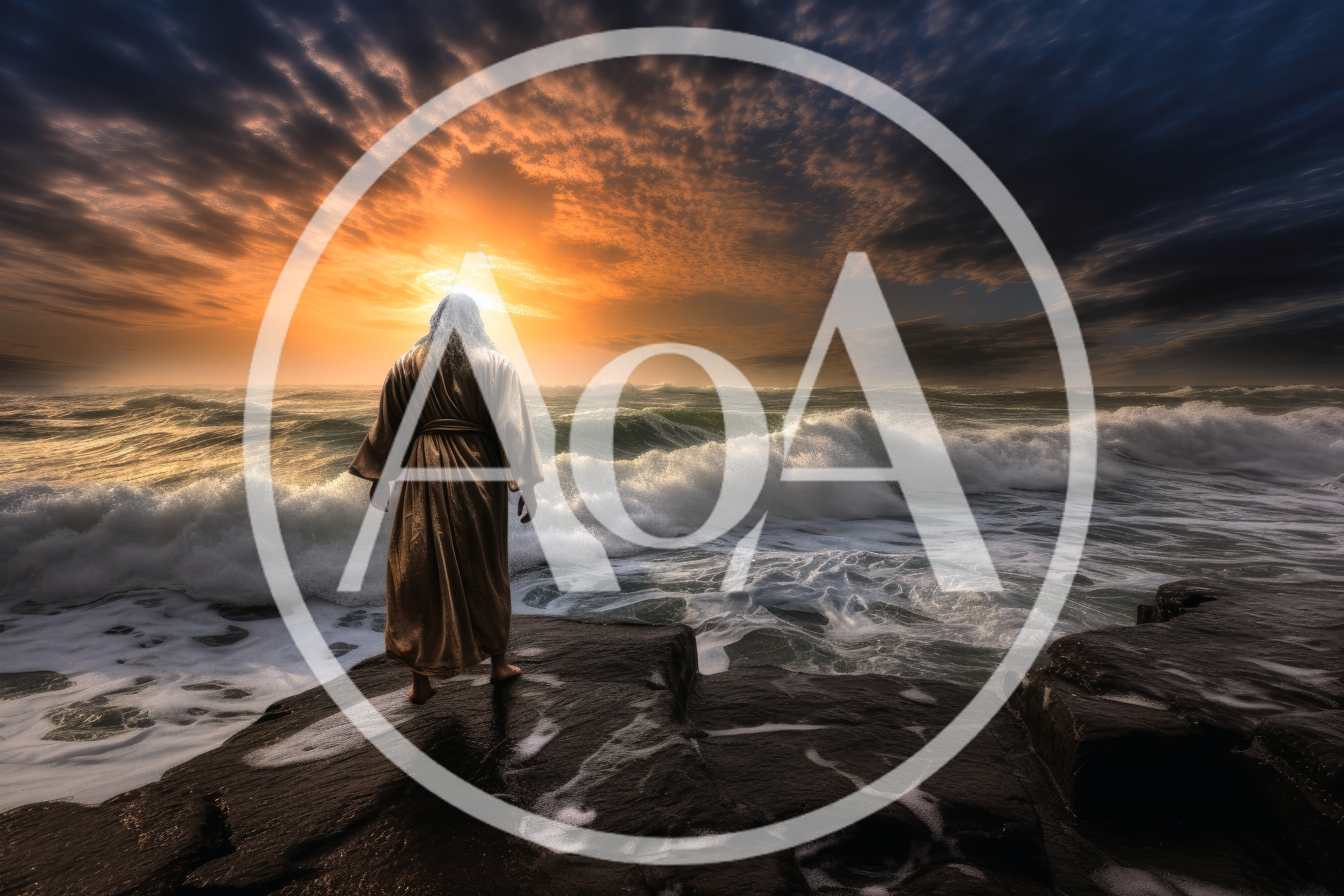 Jesus Standing On Rocky Shore Facing Stormy Ocean