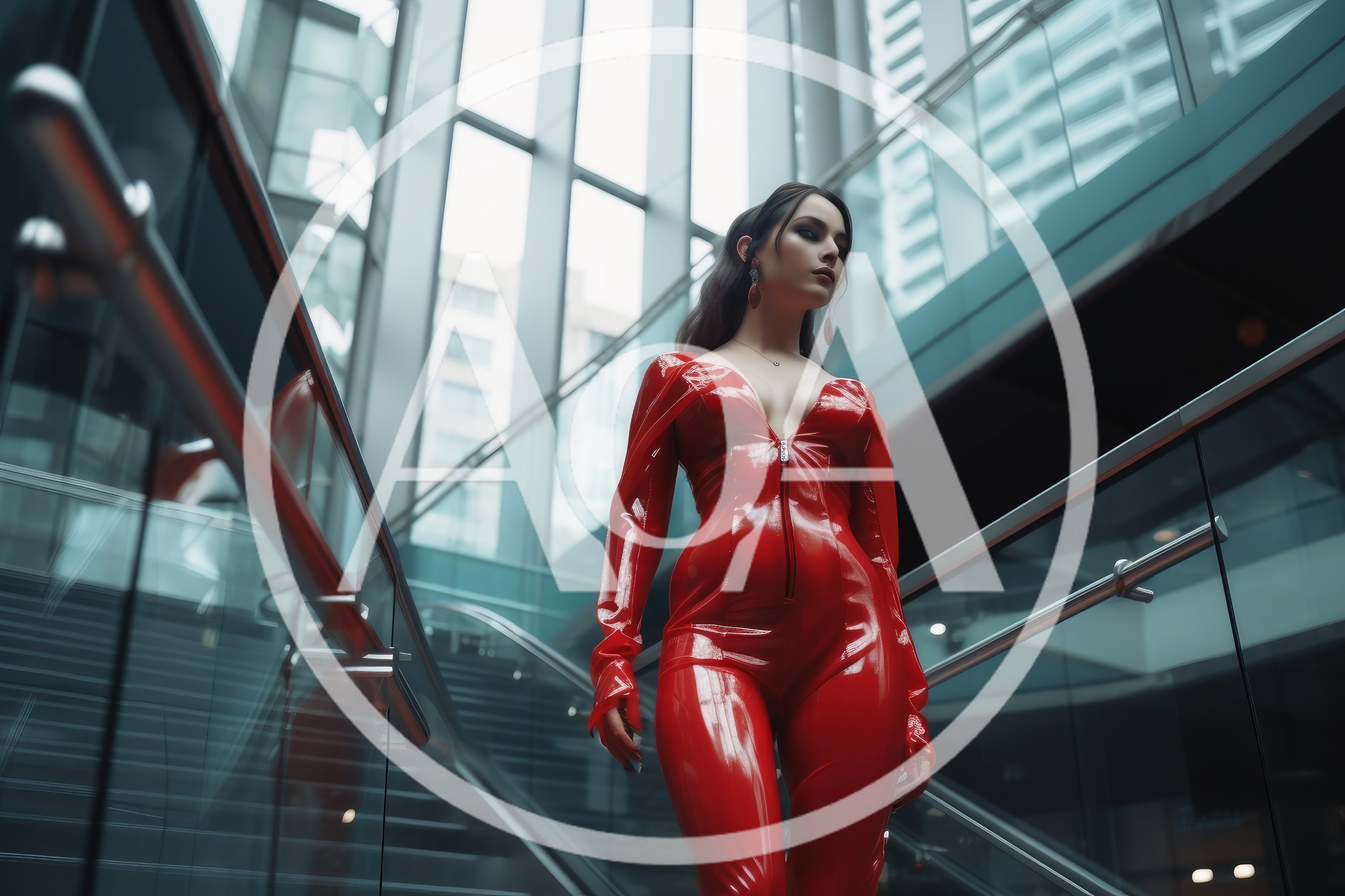 Woman In Red Latex Bodysuit Walking Down Modern Stairs