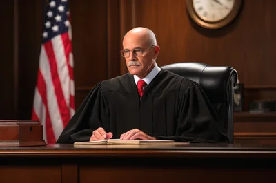 Serious Judge Sitting at Bench in Courtroom