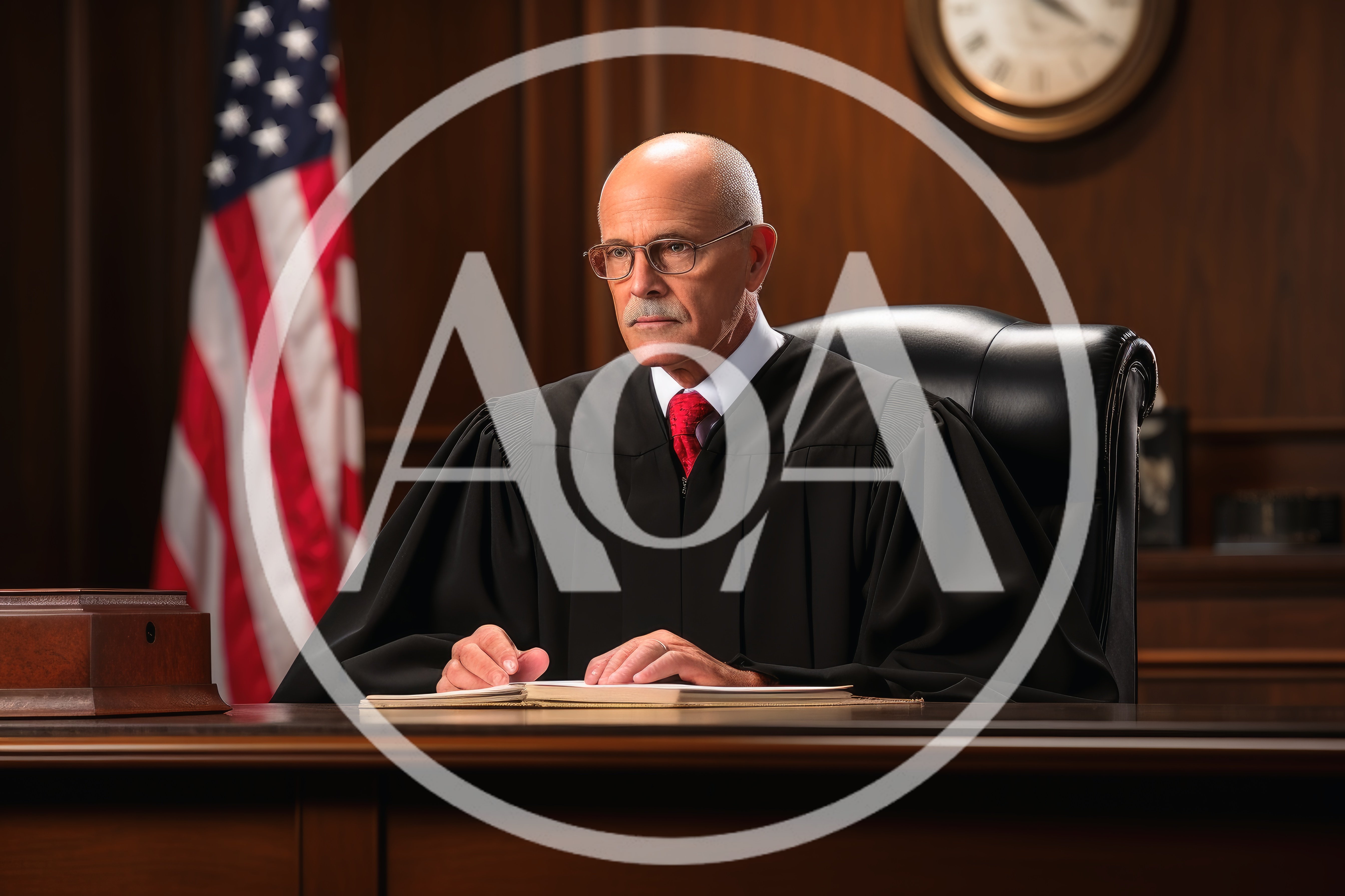 Serious Judge Sitting at Bench in Courtroom