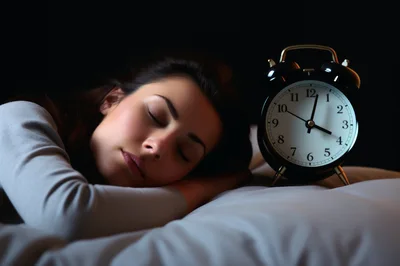 Young Woman Sleeping Beside An Alarm Clock