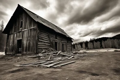 Dilapidated Wooden Barn In A Desolate Mountain Landscape