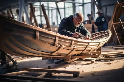 Skilled Craftsman Building A Wooden Boat In Workshop
