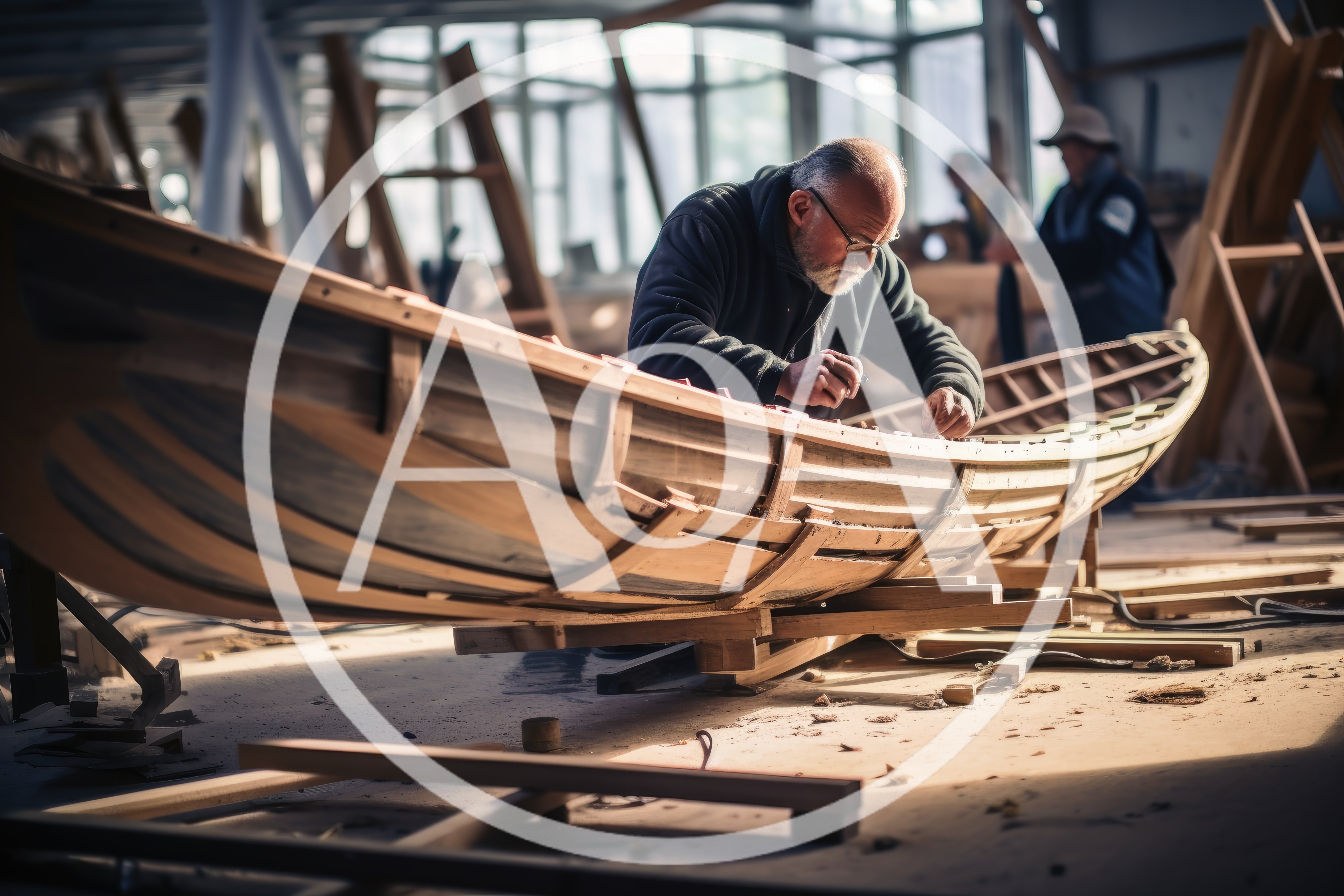 Skilled Craftsman Building A Wooden Boat In Workshop