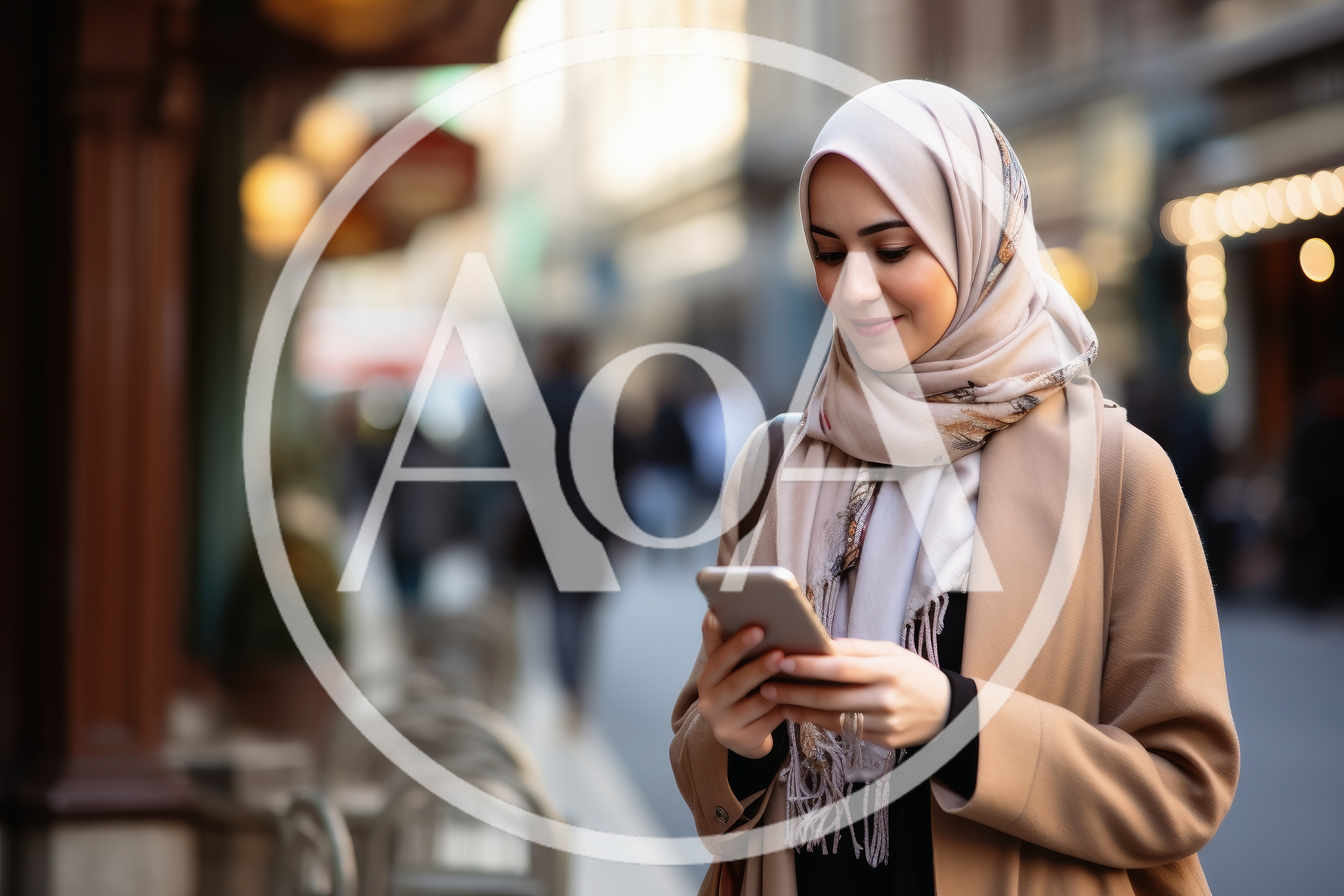 Young Woman In Hijab Using Smartphone On City Street