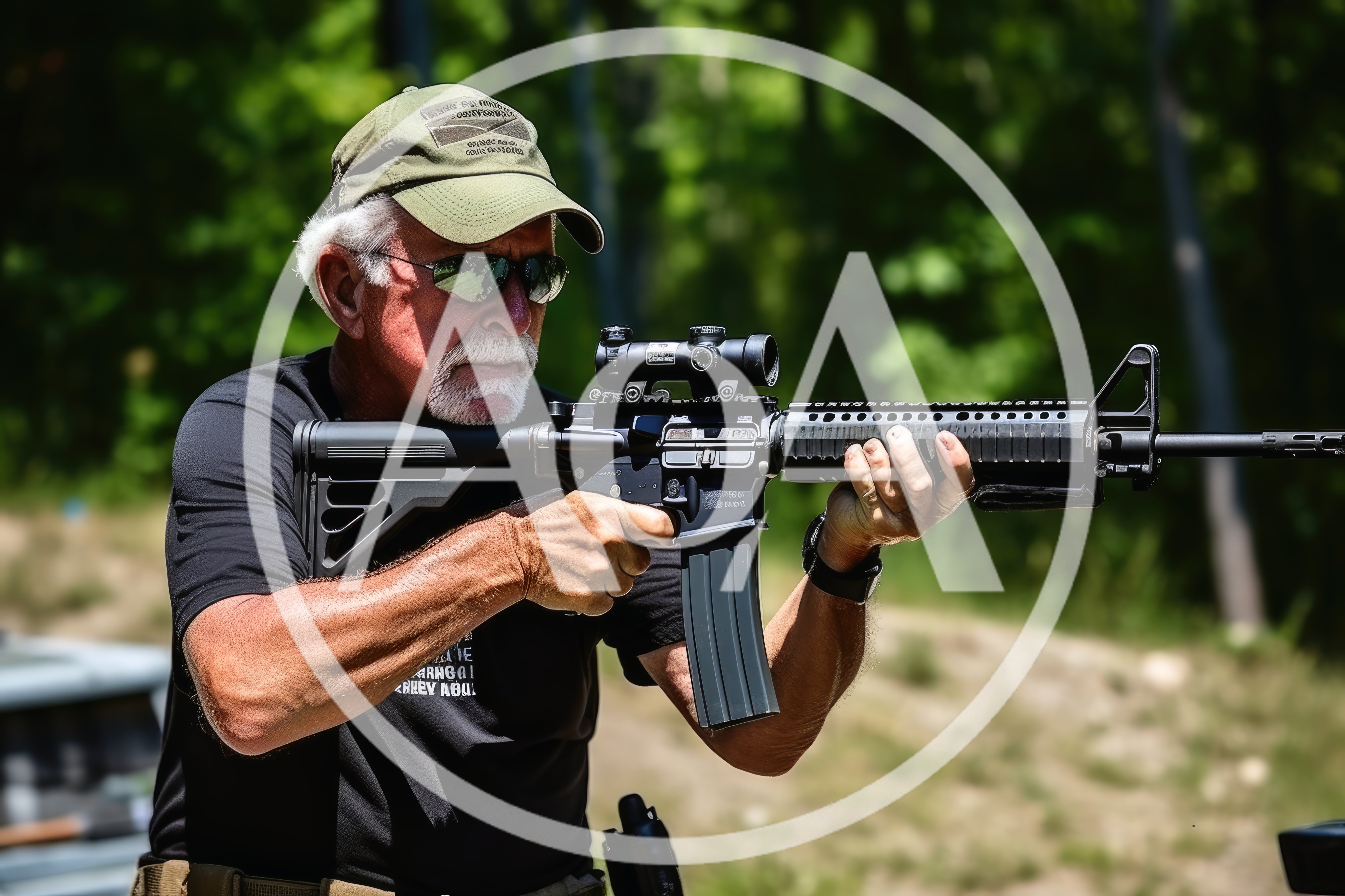 Senior Man Practicing Target Shooting With AR-15 Rifle