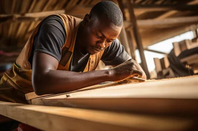 African Carpenter Sanding A Wooden Plank In Workshop