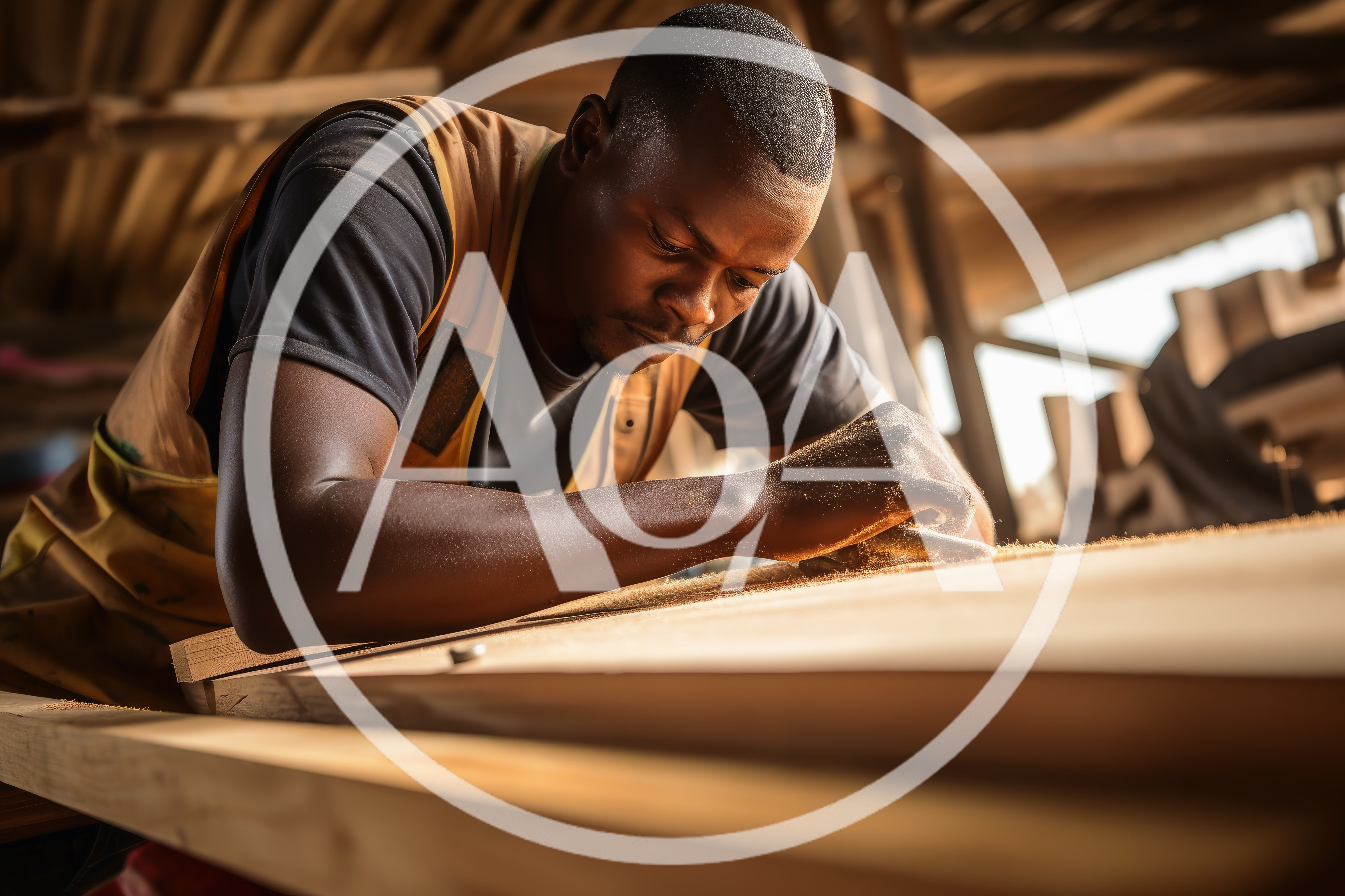 African Carpenter Sanding A Wooden Plank In Workshop