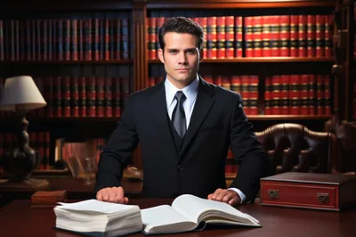 Professional Lawyer Sitting At Desk In Law Library