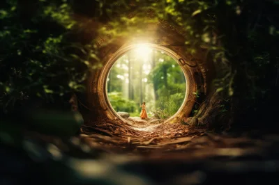 Tiny Fairy Standing In A Magical Forest Portal