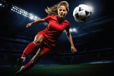 Female Soccer Player Kicking Ball In Stadium