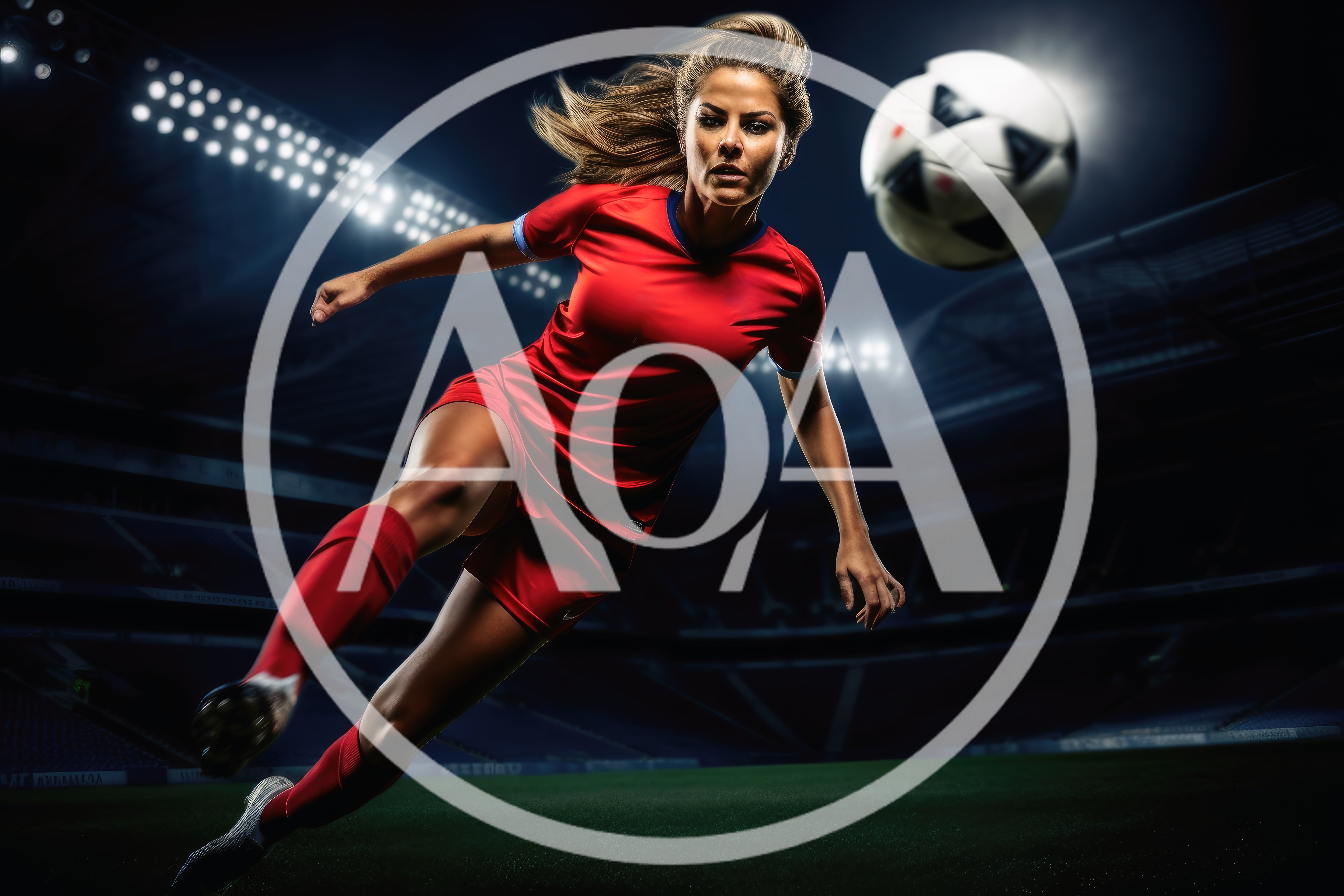 Female Soccer Player Kicking Ball In Stadium
