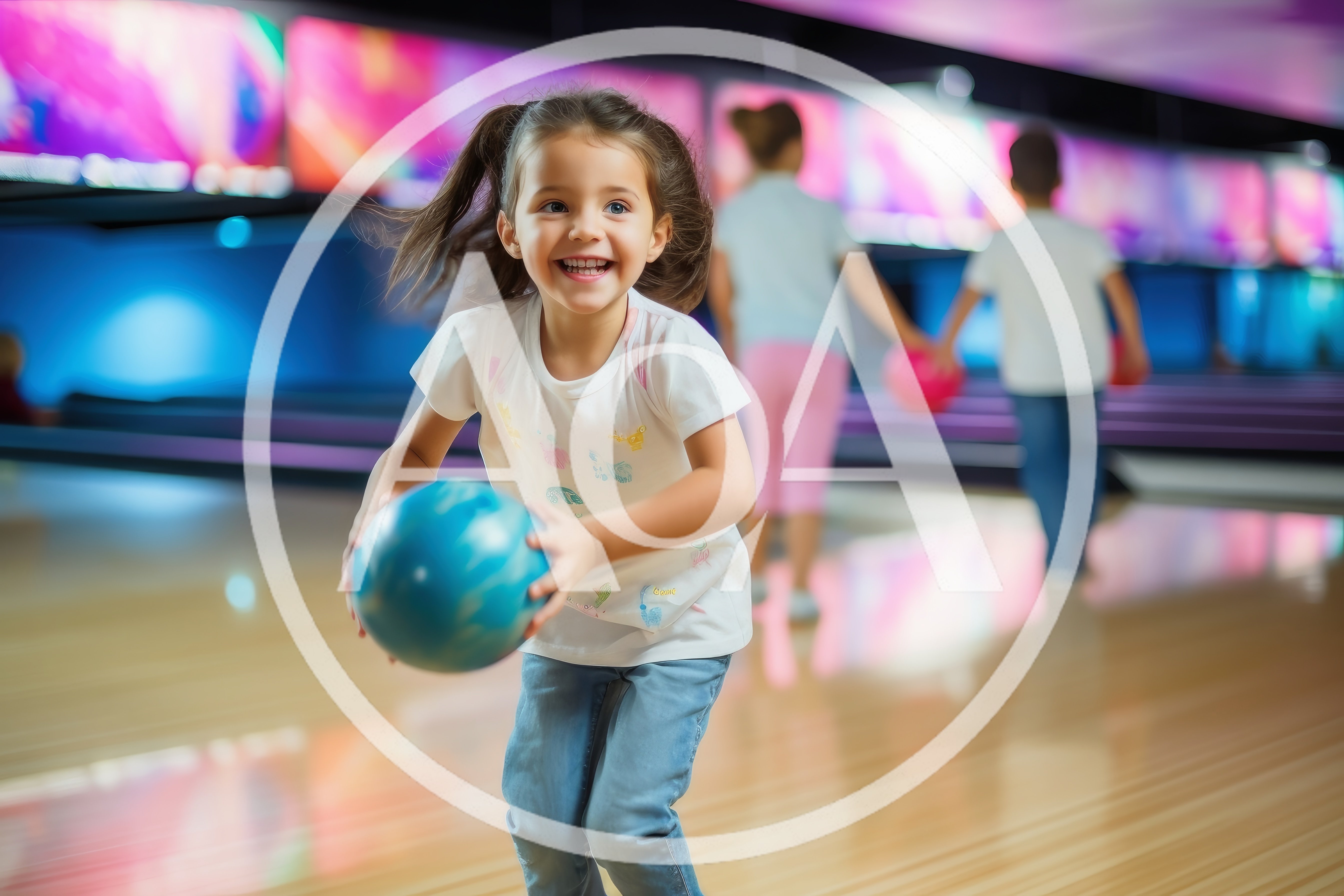 Happy Little Girl Playing Bowling at Indoor Alley