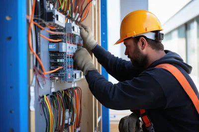 Electrician Installing Wiring In Industrial Control Panel