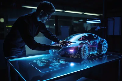 Automotive Designer Working With Holographic Car Model