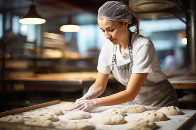 Professional Baker Kneading Dough In A Commercial Kitchen