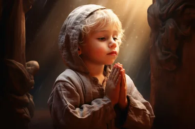 Young Child Praying With Hands Clasped In Soft Light