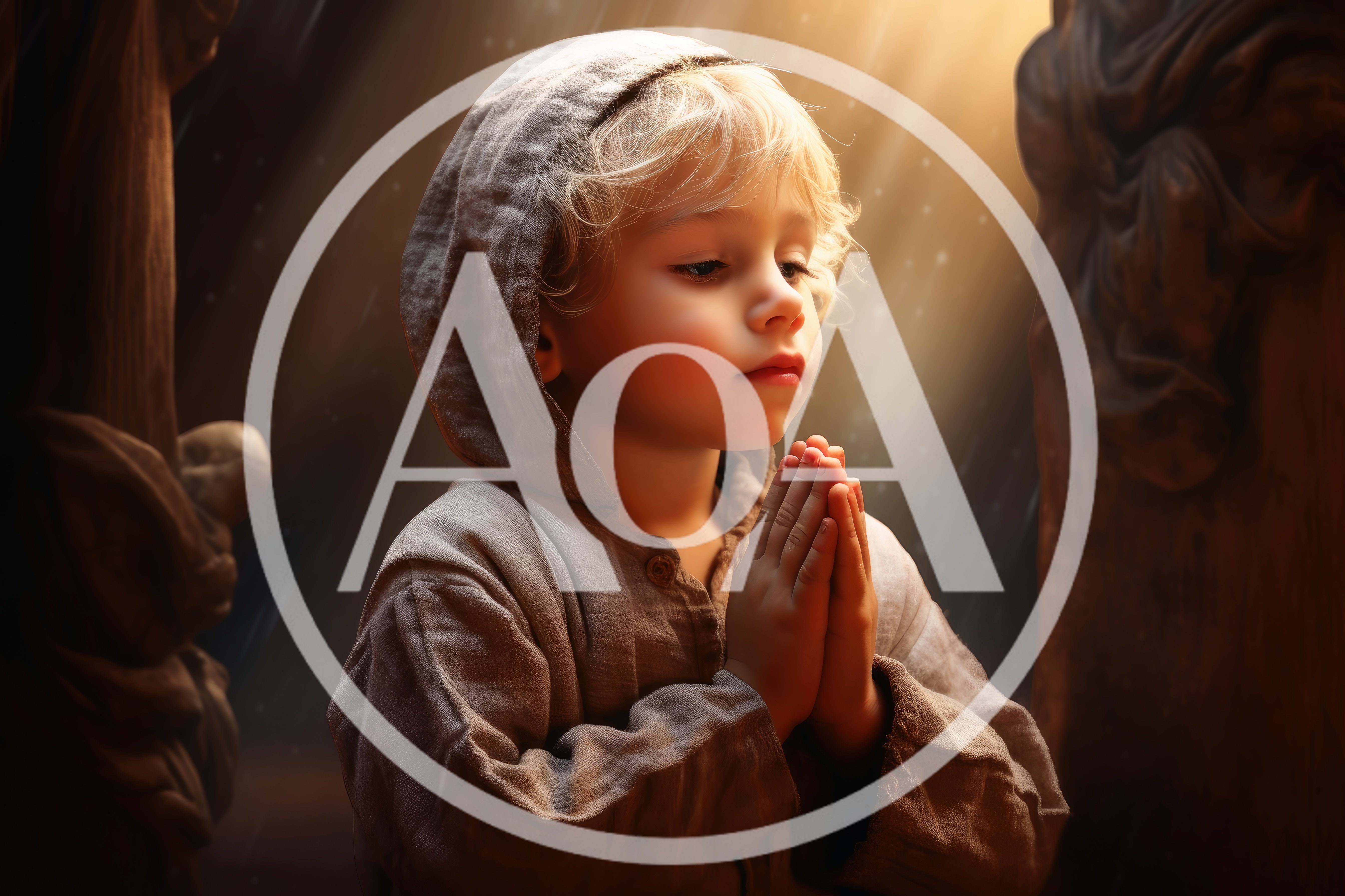 Young Child Praying With Hands Clasped In Soft Light