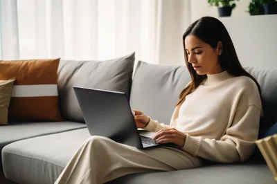 Young Woman Working On Laptop On A Sofa