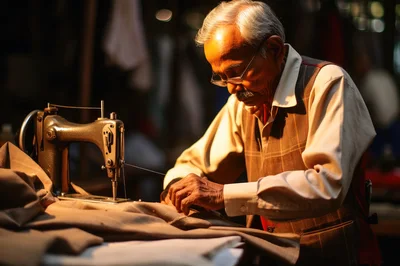 Elderly Tailor Working On A Vintage Sewing Machine
