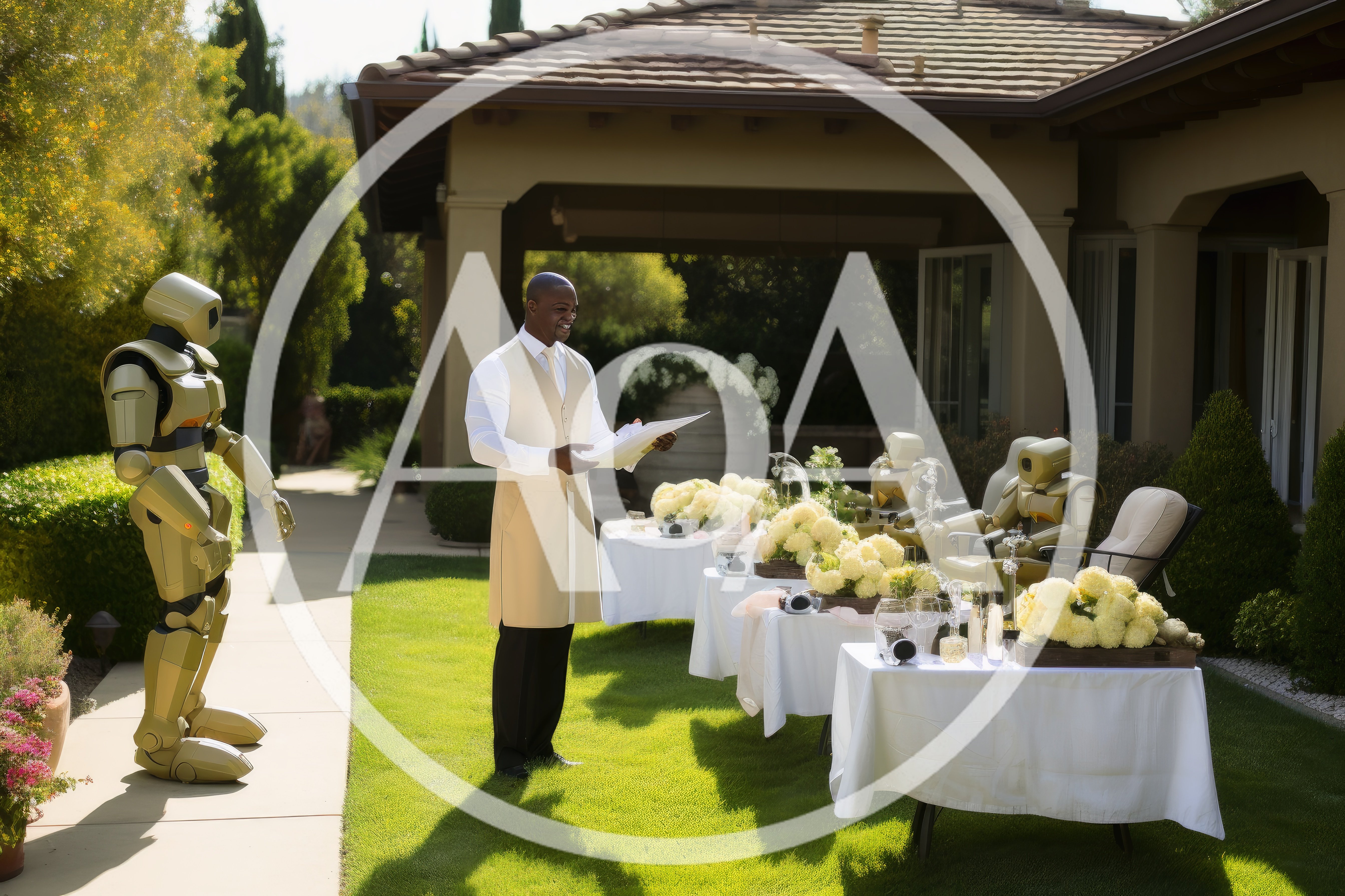Human Butler Serving Golden Robots At Outdoor Event