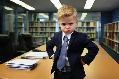 Angry Little Boy Dressed In A Business Suit