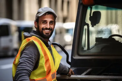 Smiling Construction Worker Standing By Heavy Machinery