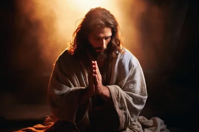 Jesus Christ Praying in a Dimly Lit Setting