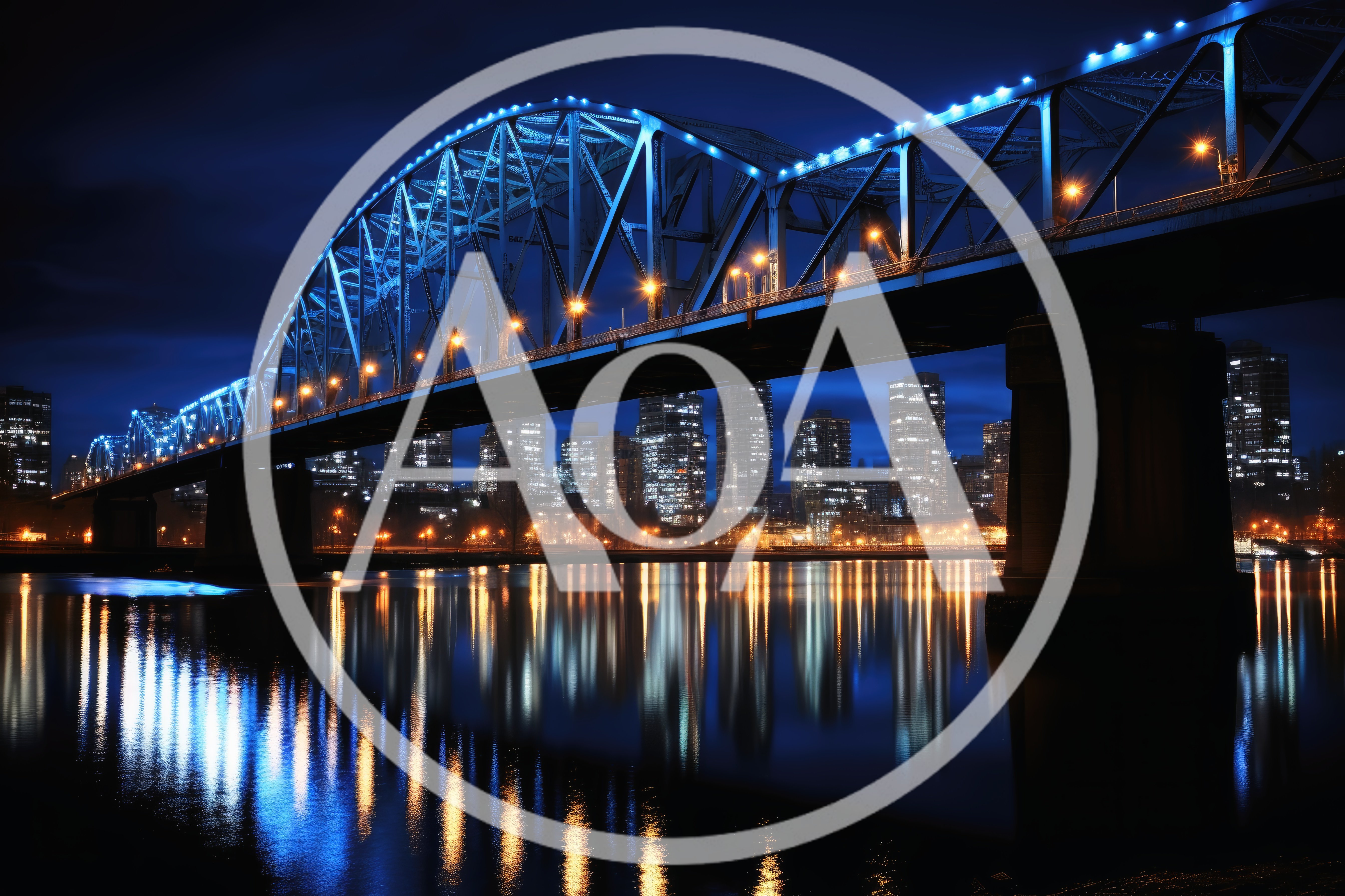 Illuminated Steel Truss Bridge Over City River At Night