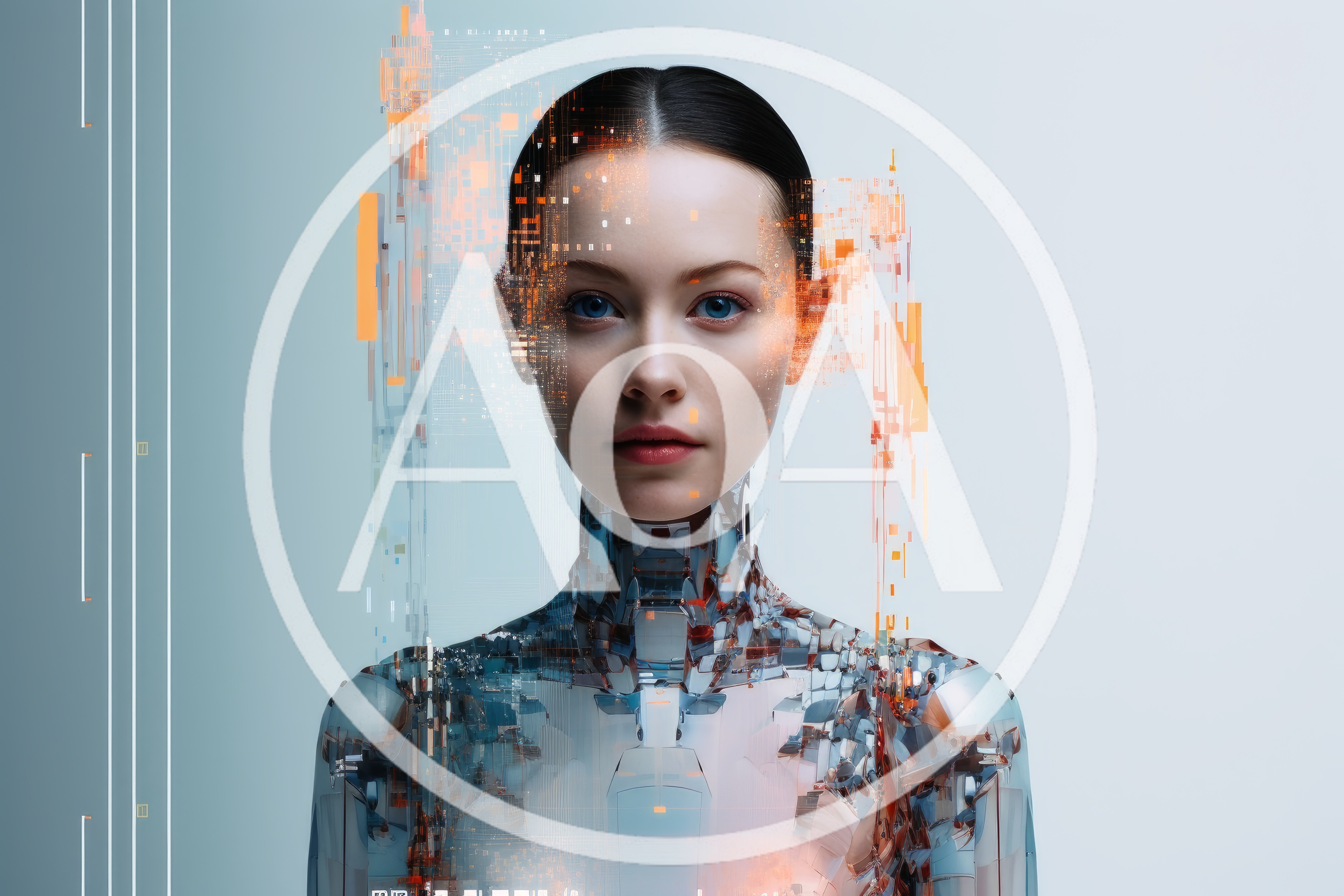 Futuristic Android Woman With Digital Data Overlay