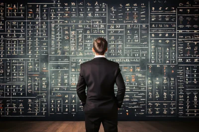 Businessman Standing Before A Complex Mathematical Chalkboard